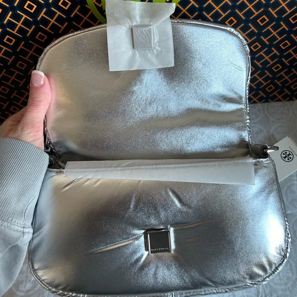 Tory Burch Britten Metallic Puffy Convertible Crossbody Bag Silver